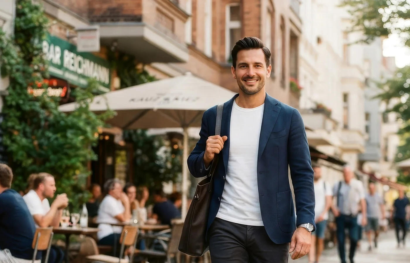 Lächelnder Mann in einer Berliner Straße mit Cafés